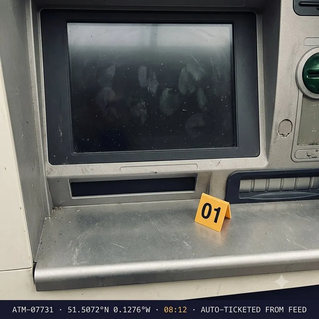 A dead ATM screen with evidence marker 01, stamped 08:12, auto-ticketed from feed