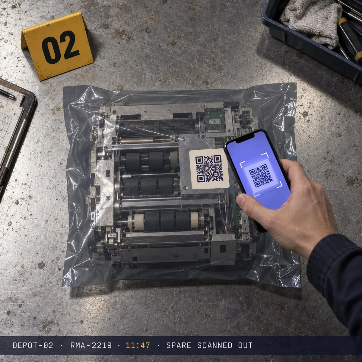 A bagged dispenser module scanned out by phone at the depot, evidence marker 02