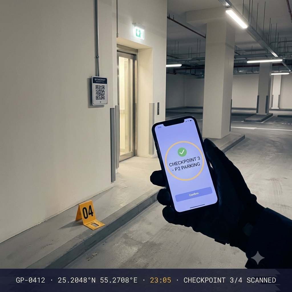 A gloved hand scanning a QR patrol checkpoint at night, evidence marker 04
