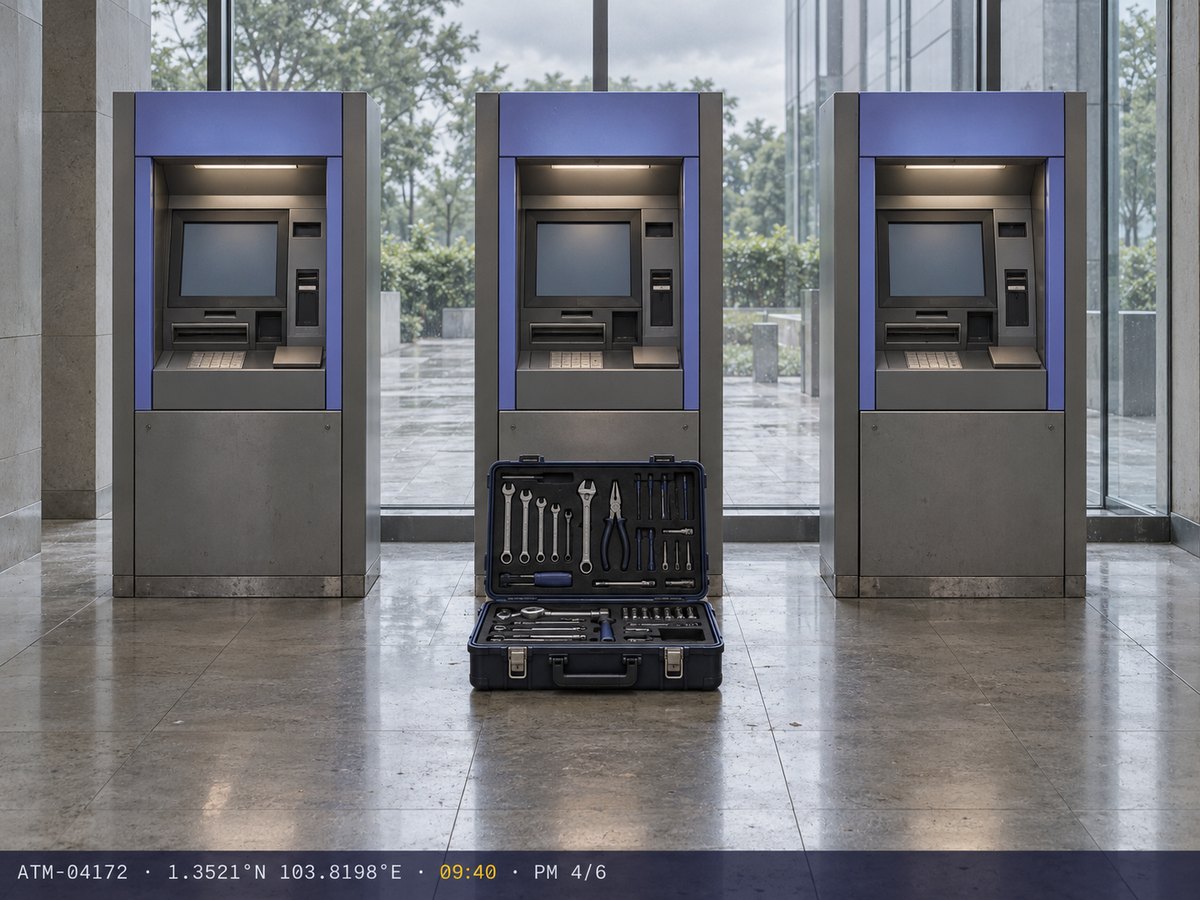 Three ATMs in a glass lobby with an open toolcase, stamped PM 4/6
