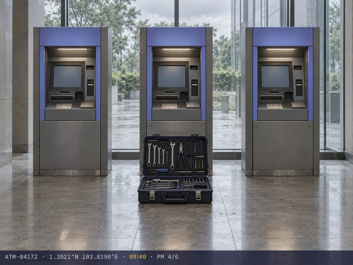 Three ATMs in a glass lobby with an open toolcase, stamped PM 4/6