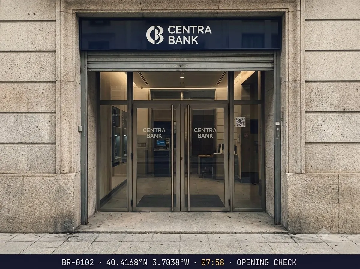 A bank branch entrance at opening time, stamped opening check
