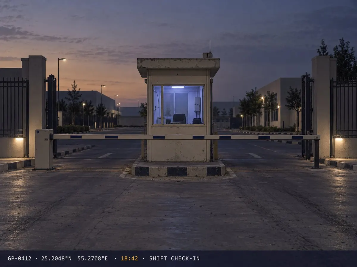 A lit security booth at a gated facility at dusk, barrier down, stamped shift check-in at 18:42
