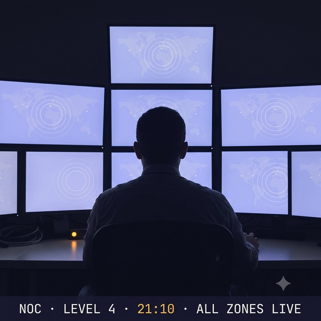 An operations head in front of a wall of monitors