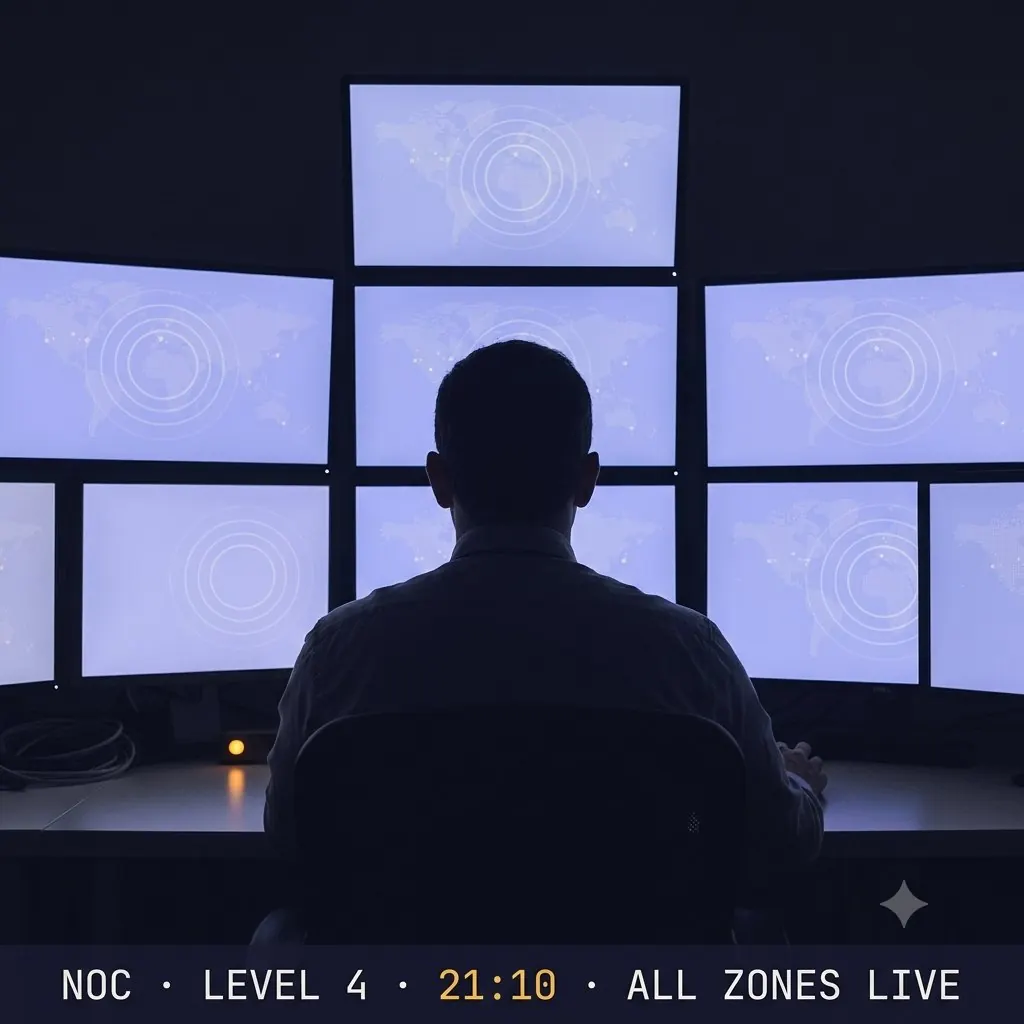An operations head in front of a wall of monitors showing ping rings